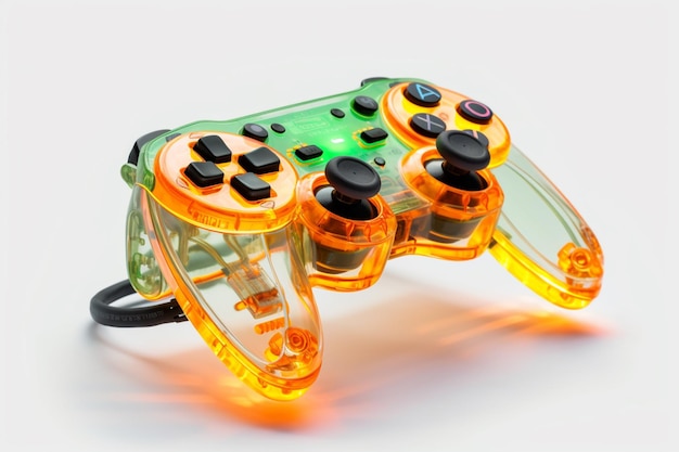 Une manette xbox jaune et orange avec le mot playstation sur le devant.