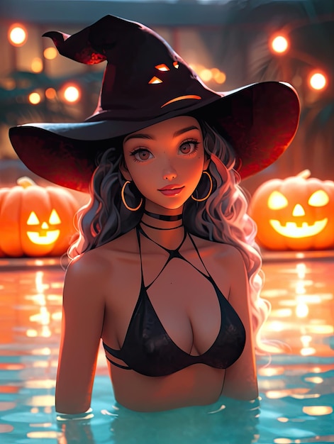 Manga anime beauté chaude sexy sorcière d'Halloween porter un bikini dans la piscine