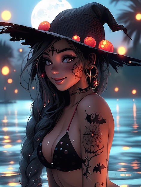 Manga anime beauté Halloween sorcière sexy porter un bikini dans la piscine