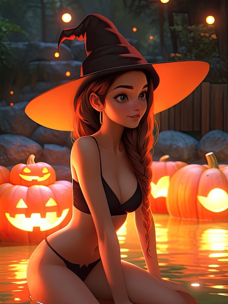 Manga anime beauté sorcière chaude en bikini dans la piscine