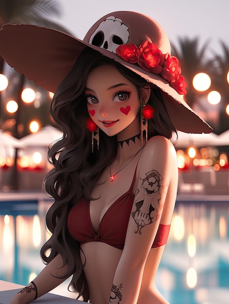 Manga anime souriant beauté fille chaude journée pour crâne de sucre mort maquillage dia de muertos wearbikini