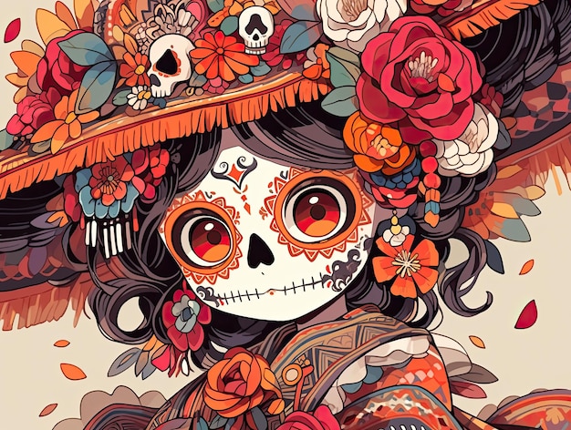 Le manga de la fille mexicaine dia de los muertos de style Chibi