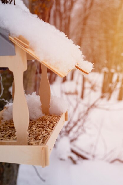 Mangeoire en bois pour oiseaux forestiers sauvages avec de la nourriture accrochée à un arbre recouvert de neige fraîchement gelée et de flocons de neige le jour d'hiver glacial dans la forêt ou le jardin soins aux animaux saison d'hiver enneigée dans la nature flare