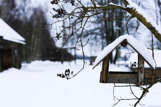 Mangeoire à oiseaux en bois sur un arbre Paysage russe d'hiver Village abandonné couvert de neige Maisons en rondins de bois Le concept de prendre soin de la nature et des oiseaux