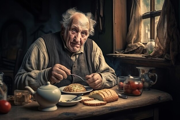 Manger ensemble et nourrir les personnes âgées dans une cuisine de chalet confortable