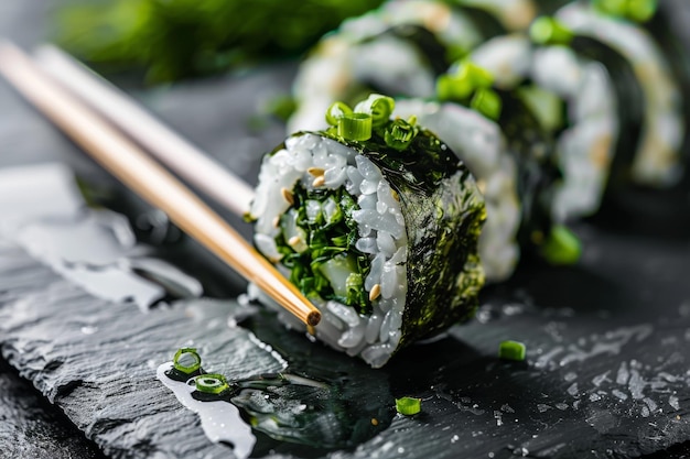 Photo manger des rouleaux de sushi avec des baguettes dans les mains prendre un rouleau de sushi manger du sushi dans un restaurant japonais