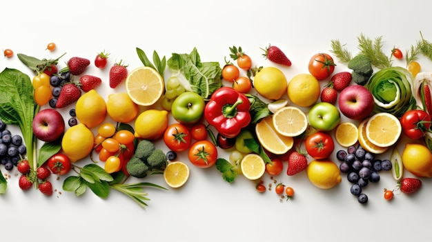 Manger sainement des fruits et légumes frais sur un fond blanc Fructorianisme nourriture crue et végétarisme