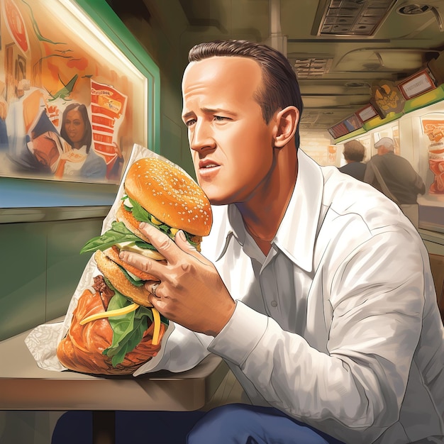 Manger un sandwich dans un restaurant du métro.