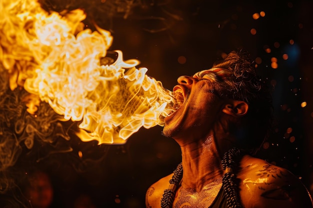 Un mangeur de feu avalant bravement des flammes et respirant du feu dans l'air hypnotisant le public avec des exploits audacieux de courage