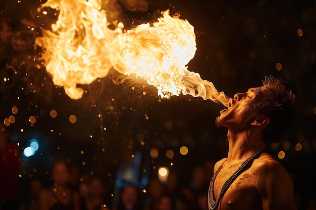 Un mangeur de feu avalant bravement des flammes et respirant du feu dans l'air hypnotisant le public avec des exploits audacieux de courage