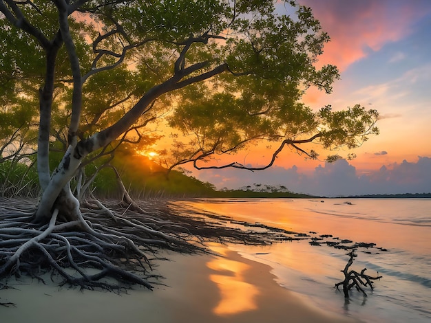 Mangroves et corail à la plage de Tanjung Pinggir sur l'île de Batam au coucher du soleil