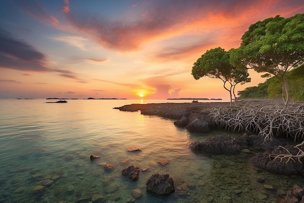 Mangroves et coraux sur la plage de Tanjung Pinggir sur l'île de Batam au coucher du soleil