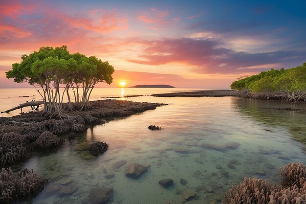 Mangroves et coraux sur la plage de Tanjung Pinggir sur l'île de Batam au coucher du soleil