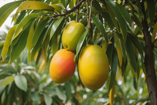 Une mangue accrochée à un arbre