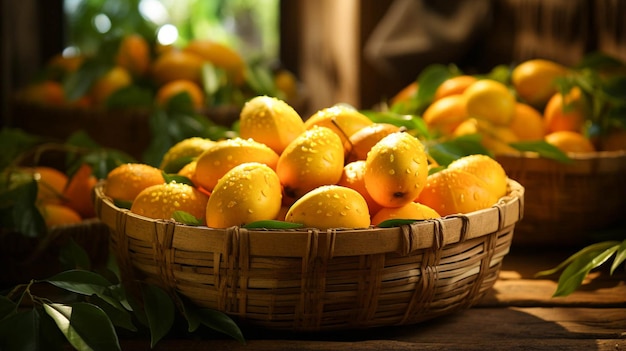 Mangue dans un panier en bambou sur une table floue en bois