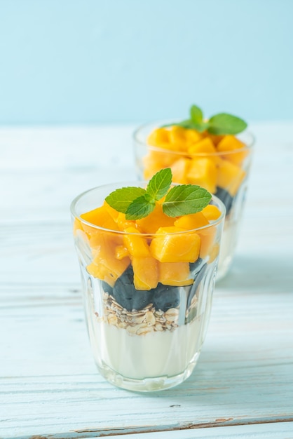 mangue fraîche faite maison et myrtille fraîche avec yogourt et granola - style alimentaire sain