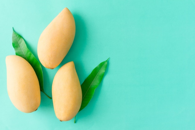 mangue fraîche avec feuille sur fond vert en vue de dessus