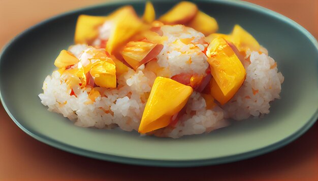 Photo mangue mûre fraîche et riz gluant au lait de coco authentique dessert thaïlandais ai génératif