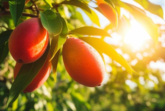 Mangue orange mûre sur un arbre avec la lumière du matin