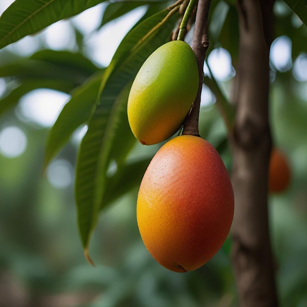 Photo une mangue suspendue à un arbre avec un fond vert