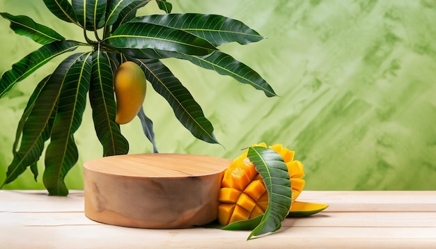 Photo une mangue sur une table en bois à côté d'un arbre avec un fond vert.