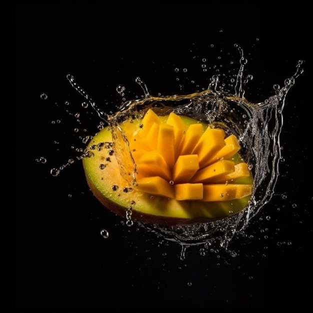 Une mangue tombe dans une éclaboussure d'eau et c'est un fruit avec le mot mangue dessus.