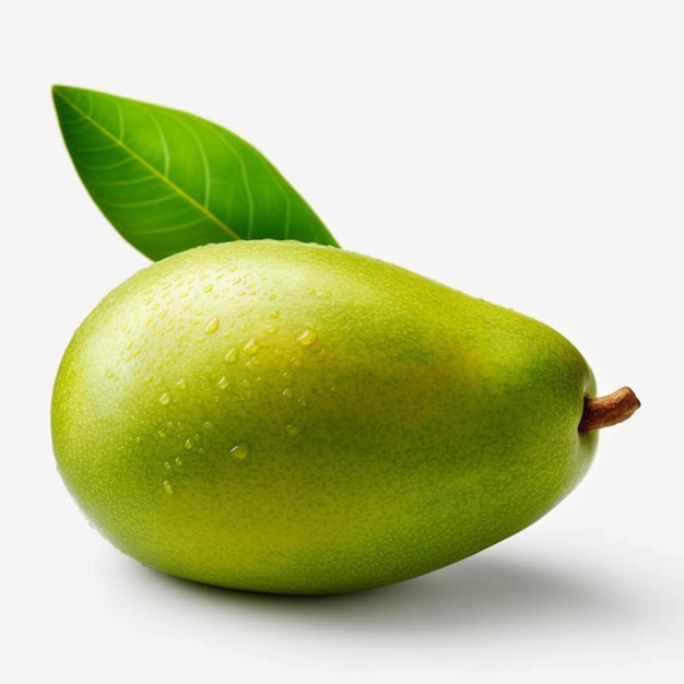 Une mangue verte avec une feuille dessus