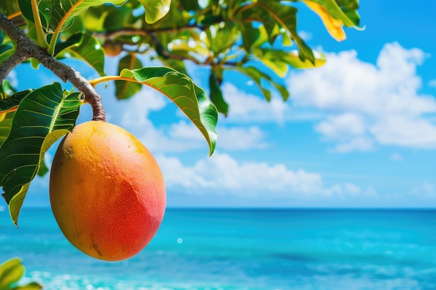 Une mangue vibrante pend gracieusement d'un arbre se balançant doucement dans la brise de l'océan ses couleurs vives contrastant avec la mer azur à l'arrière-plan