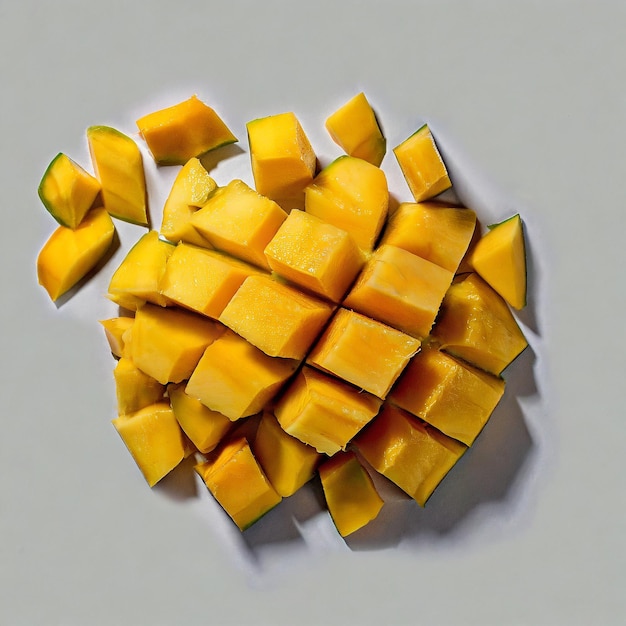 Photo des mangues coupées en cubes sur un fond blanc