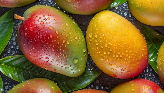 Des mangues fraîches et juteuses avec des feuilles, des gouttes d'eau, des fruits tropicaux délicieux.