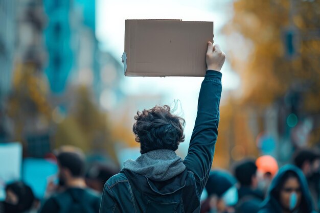 Un manifestant en veste tenant un panneau en carton blanc lors d'une manifestation urbaine sur le concept d'anonymat