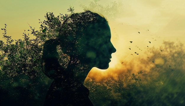 Une manipulation photo conceptuelle montrant la silhouette d'une femme se fondant dans un paysage naturel