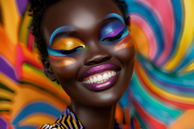 Un mannequin africain joyeux avec un maquillage coloré
