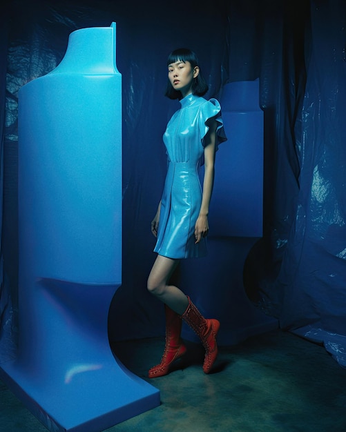 Mannequin asiatique en robe bleue et bottes à talons rouges posant des illustrations générées par ai