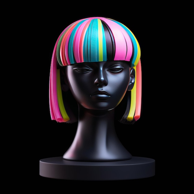 Un mannequin aux cheveux colorés est assis sur un support noir.