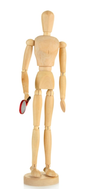 Photo mannequin en bois avec raquette de tennis isolé sur blanc