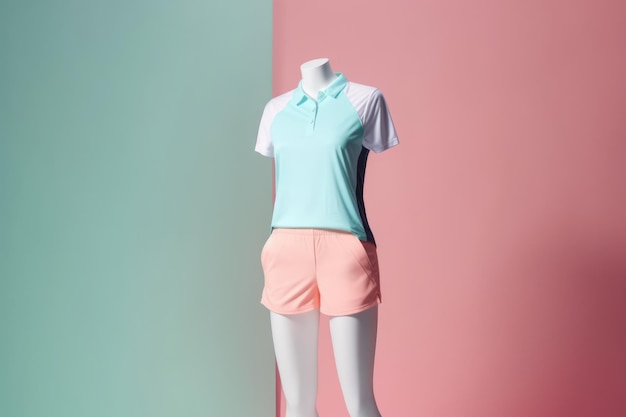 Un mannequin avec une chemise bleue et verte et un short rose