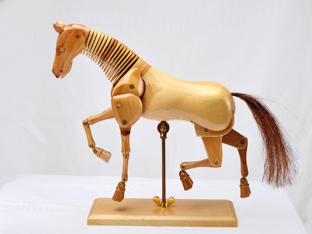 Mannequin de cheval articulé en bois pour tirer des leçons sur le fond blanc