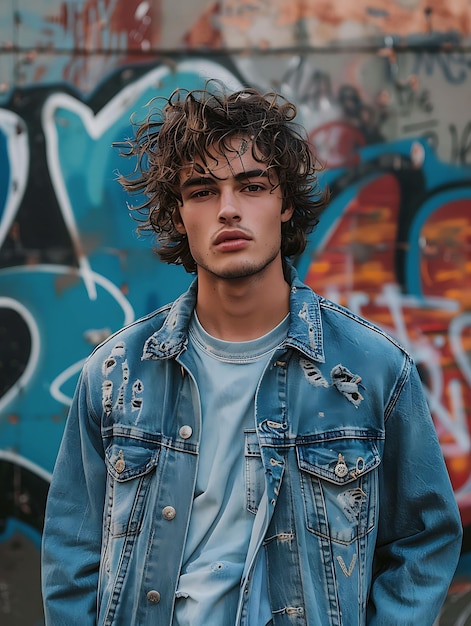 Un mannequin à cheveux bouclés avec une veste en denim et un jean déchiré dans un style de boutique à la mode.