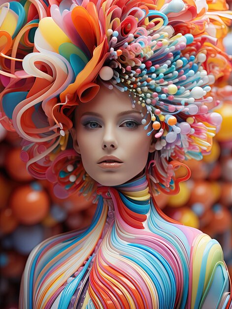 un mannequin avec des cheveux colorés et un chapeau coloré porte une perruque colorée