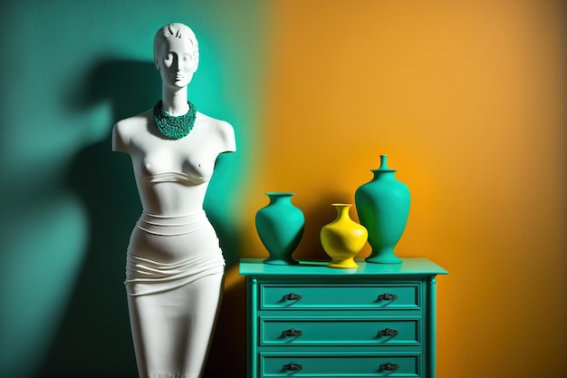 Mannequin et commode dans un intérieur de chambres près d'un mur coloré