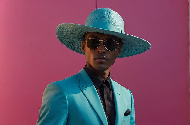 Un mannequin en costume de mode avec un grand chapeau sur la tête et des lunettes de soleil des vêtements masculins modernes et élégants