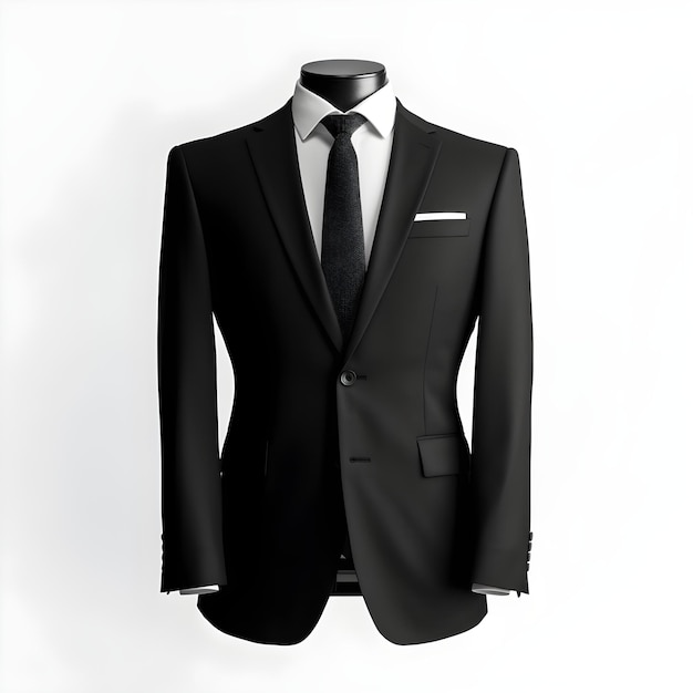 Un mannequin avec un costume noir et une cravate blanche