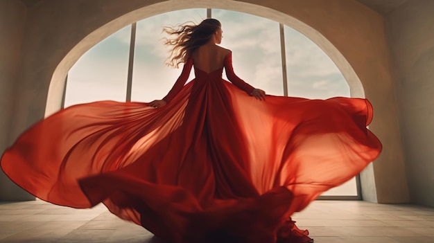 mannequin, dos, dans, robe volante rouge, femme