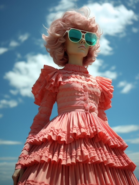 Un mannequin élégant dans une robe rose et des lunettes de soleil