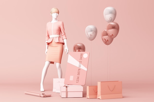Un mannequin entouré d'un sac à provisions et d'une boîte-cadeau avec une carte de crédit sur un fond rose.