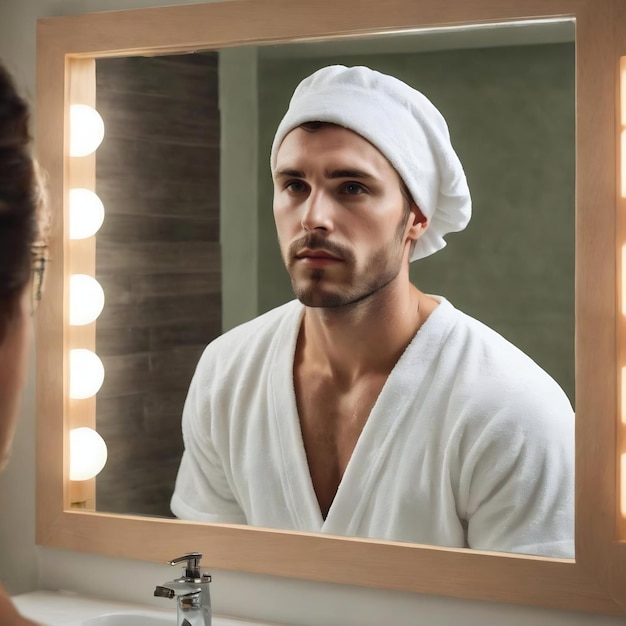 Un mannequin européen stupéfait regarde le miroir, s'applique un masque d'argile avec des concombres, fait des soins de beauté.