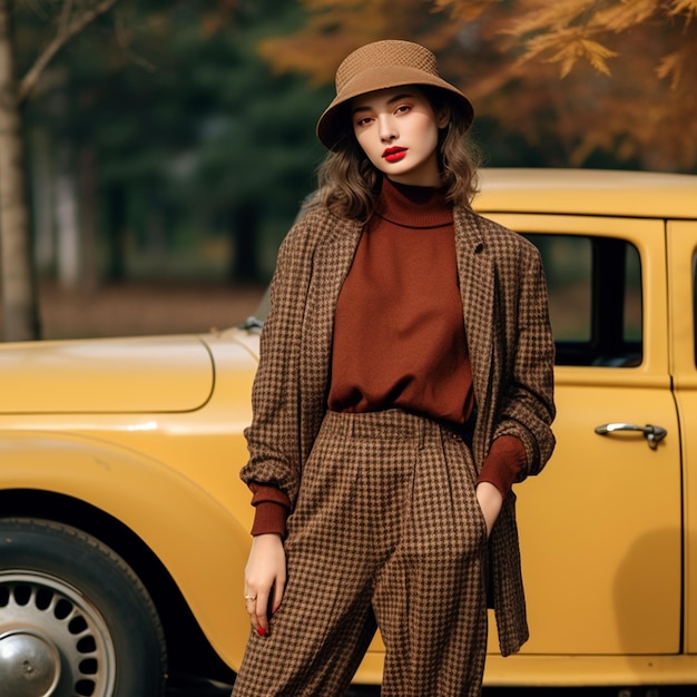 Une mannequin européenne à la mode portant des chapeaux d'automne et d'hiver