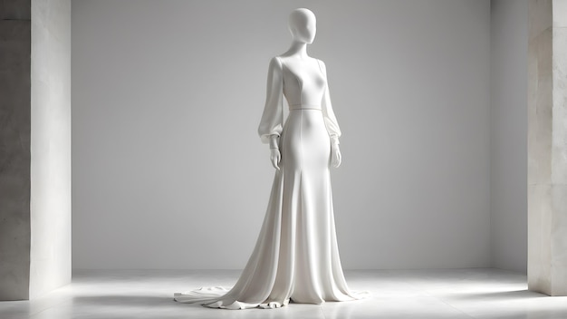 Photo un mannequin féminin blanc se tient dans une robe blanche sur un fond blanc.