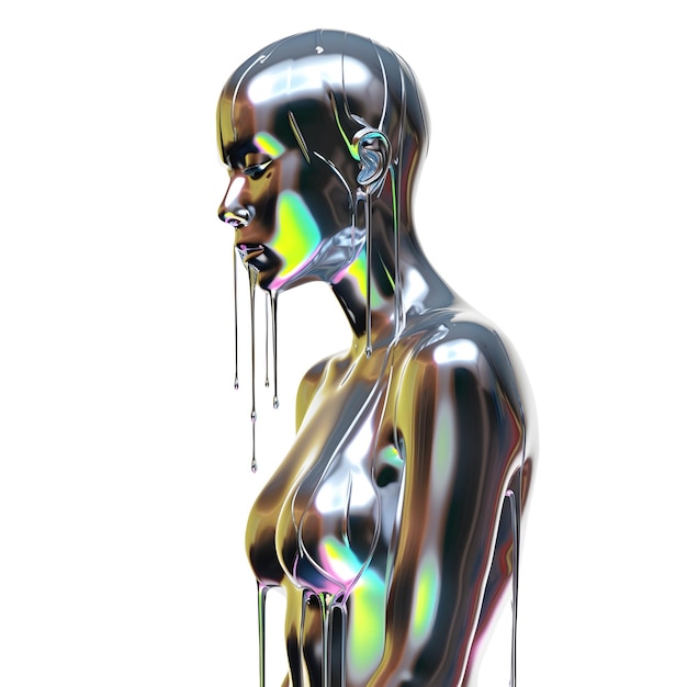 Mannequin féminin futuriste en métal holographique liquide avec du chrome fondu Y2K transparent png Generative Ai